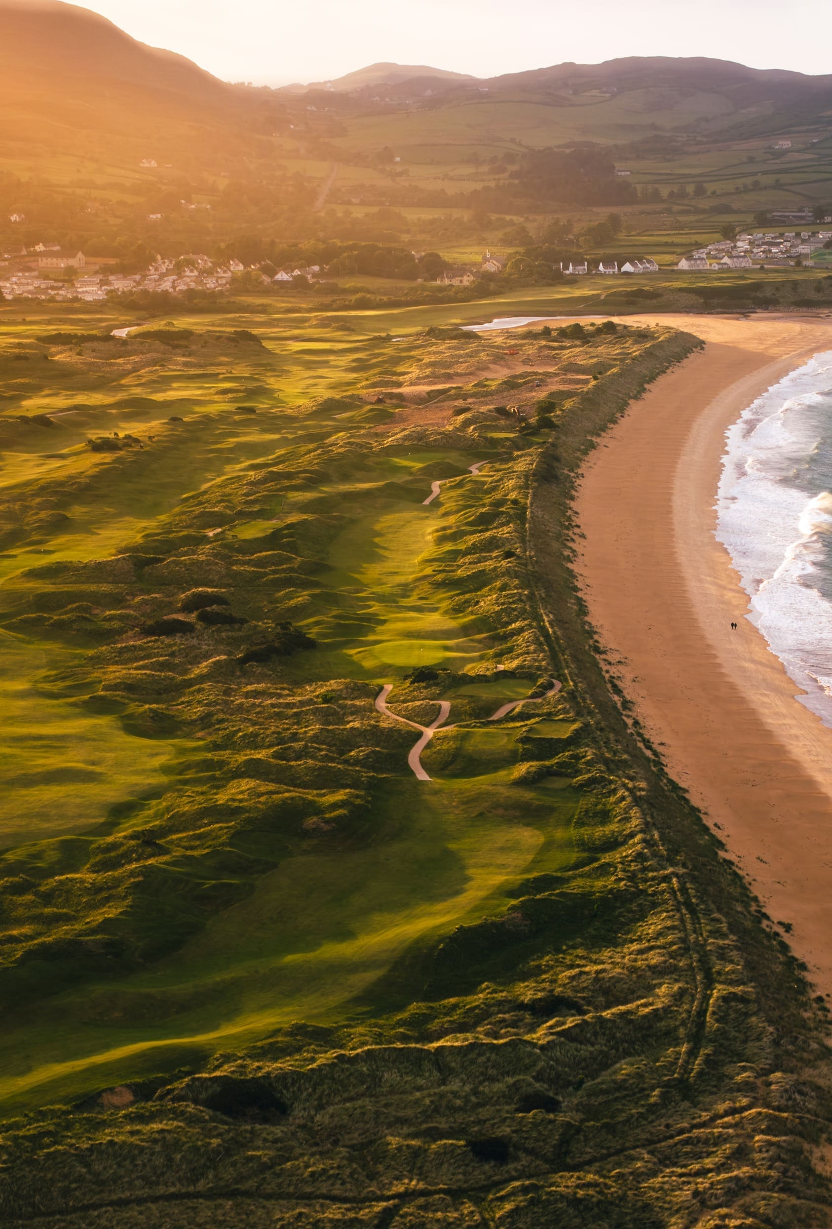 Aerial view of Portsalon Golf Club with Ballymastocker Bay in the background