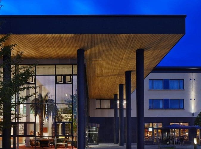 ​Radisson Blu hotel at dusk.